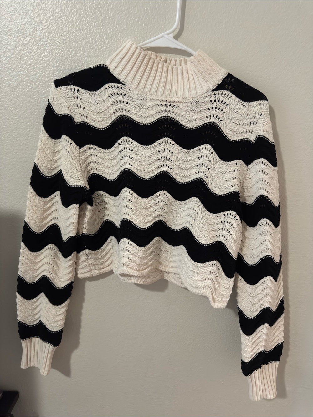 Zara Black and Cream Wave Stripe Turtleneck Sweater